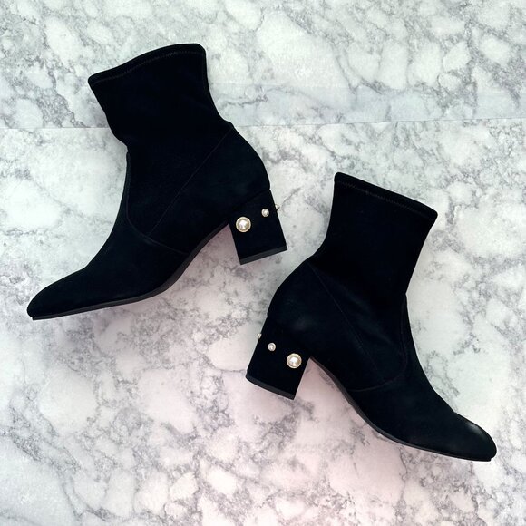 Stuart Weitzman Siggy Pearl Suede Booties in Black - Picture 3 of 9